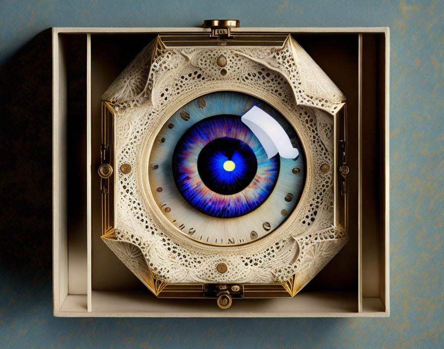 Intricate Eye-shaped Mechanical Object in Luxurious Box on Teal Background