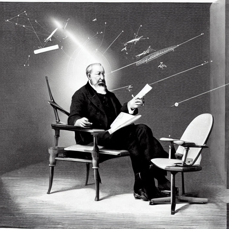 Bearded man reading book surrounded by celestial illustrations