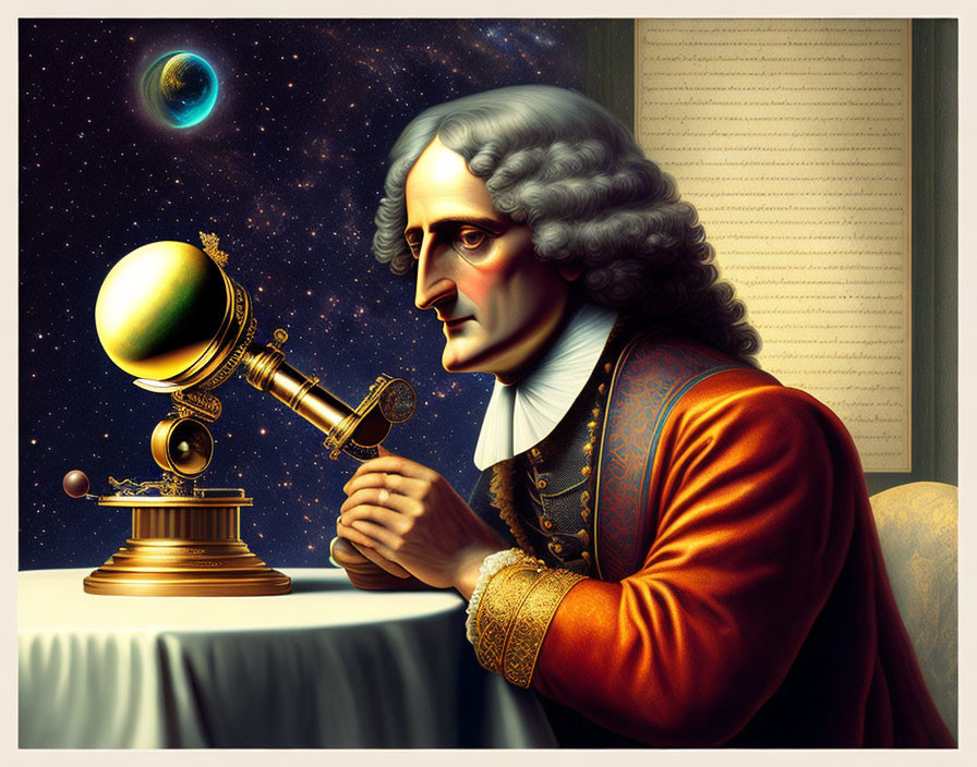 18th-Century Man with Telescope and Celestial Theme