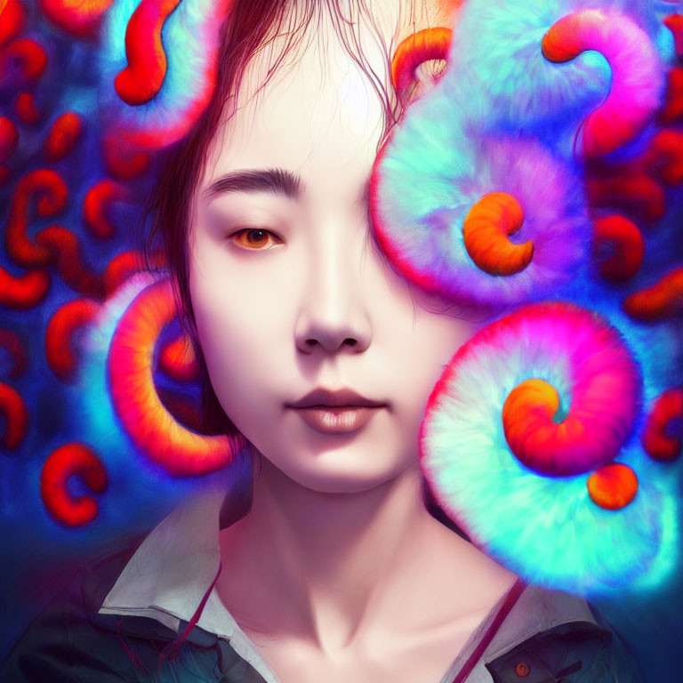 Serene woman portrait with vibrant blue, purple, and red swirls