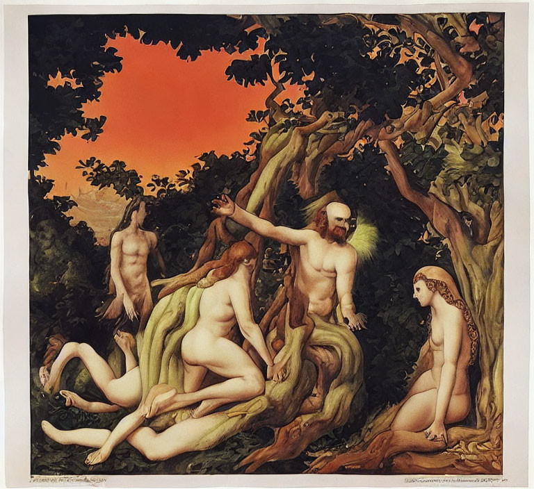 Stylized painting of nude figures in lush grove with orange sky