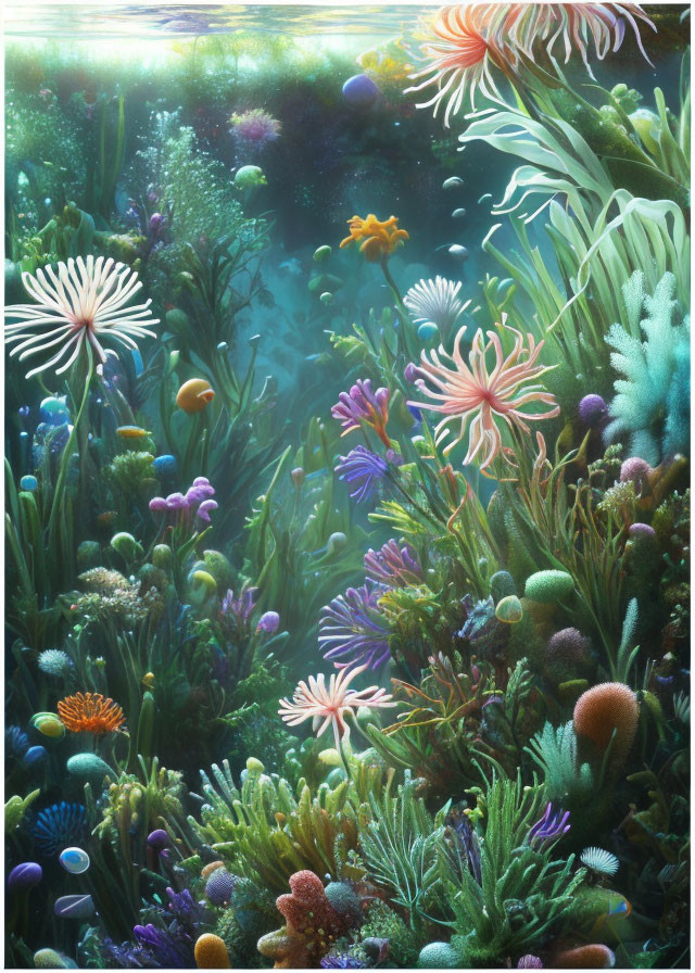 Colorful Underwater Scene with Corals, Anemones, and Plants