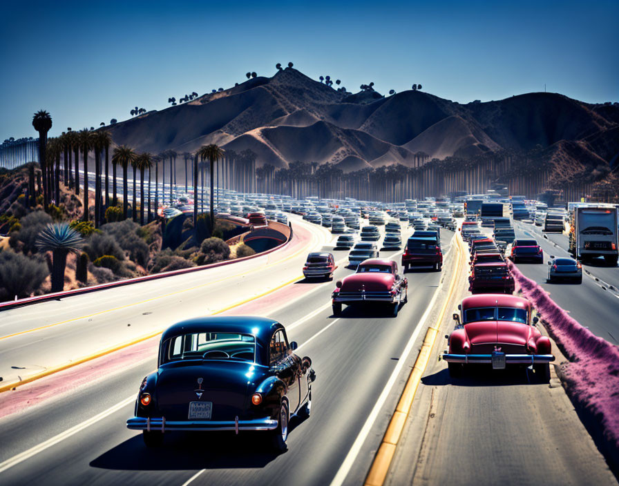 Vintage and modern cars on multi-lane highway with rolling hills and palm trees