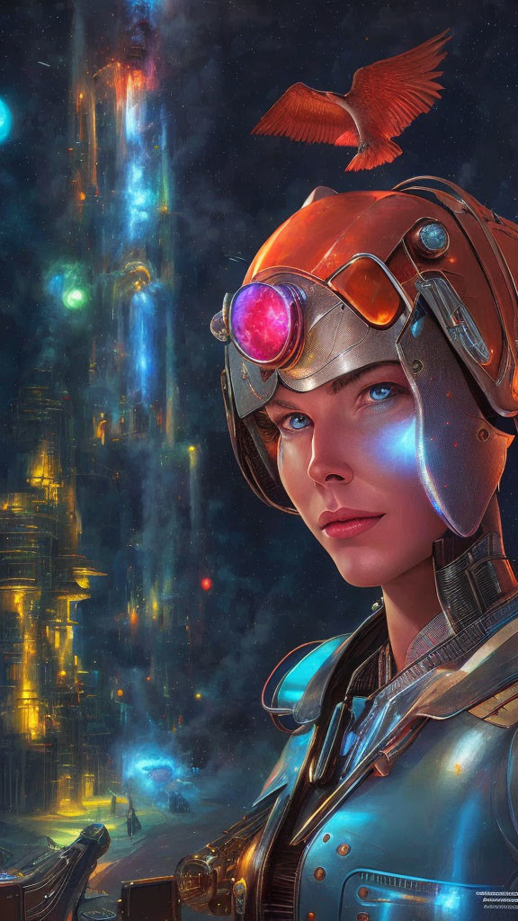 Futuristic woman in glowing helmet with hawk in sci-fi cityscape