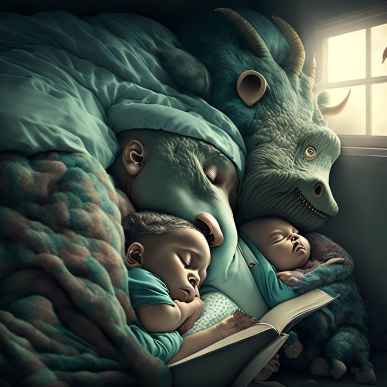 Gentle monster watching over sleeping children with storybook