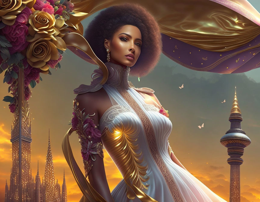 Digital art portrait: Woman with afro, futuristic architecture, flowing fabric, butterflies