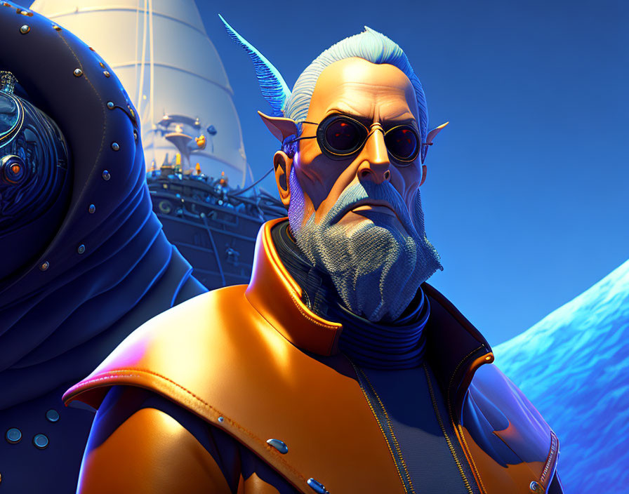 Character with Blue Hair, Beard, Sunglasses, Yellow Jacket & Submarine in Digital Art