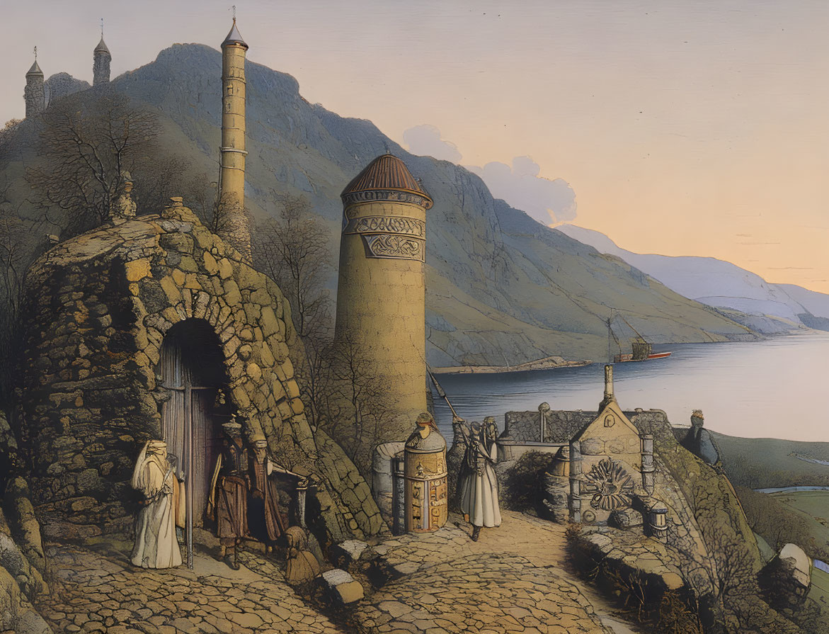 Historical artwork of individuals in traditional attire near ancient ruins and ornate towers by a calm bay at
