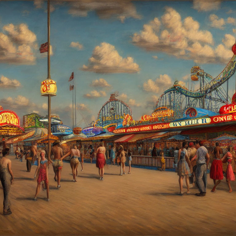 Amusement park rides on bustling boardwalk under blue sky