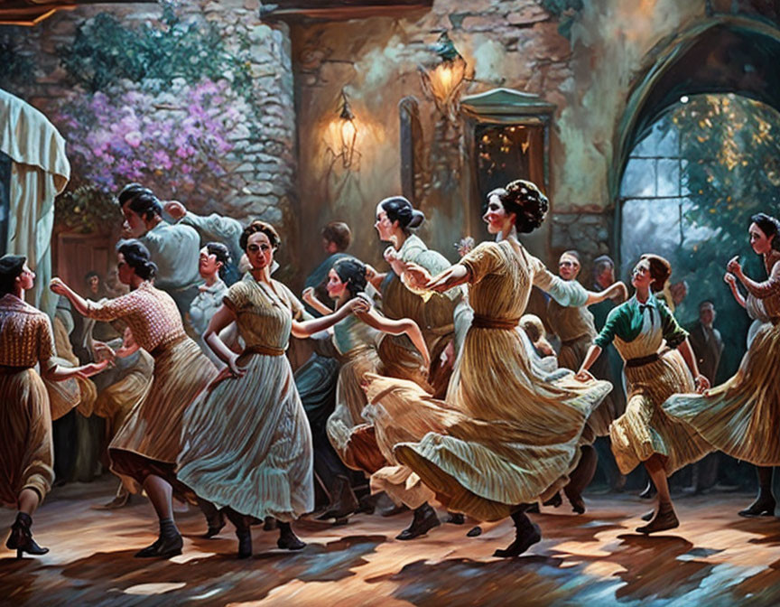 Traditional women dancing in rustic courtyard with flowers.