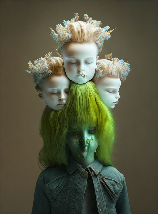 Surreal artwork: person with green hair, three stacked faces, coral-like structures