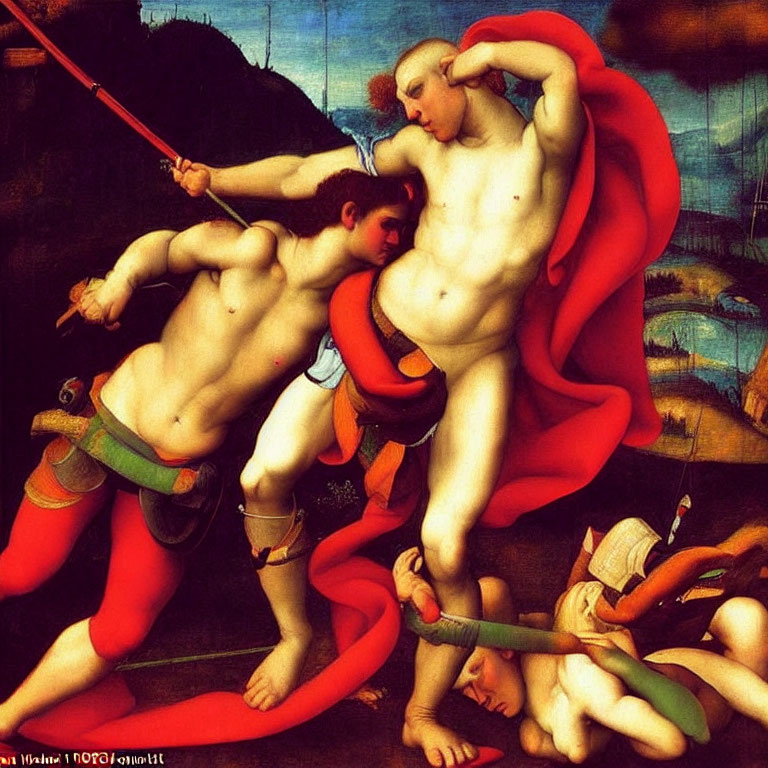 Classical painting of two muscular male figures in dynamic struggle