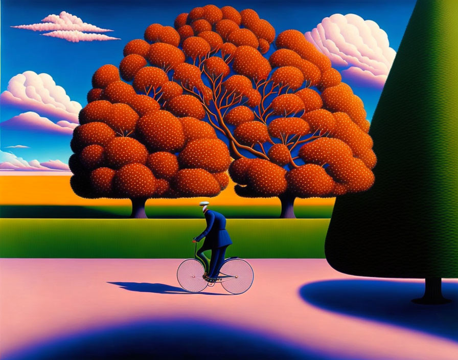 Colorful stylized artwork: Person on bicycle riding towards vibrant orange tree