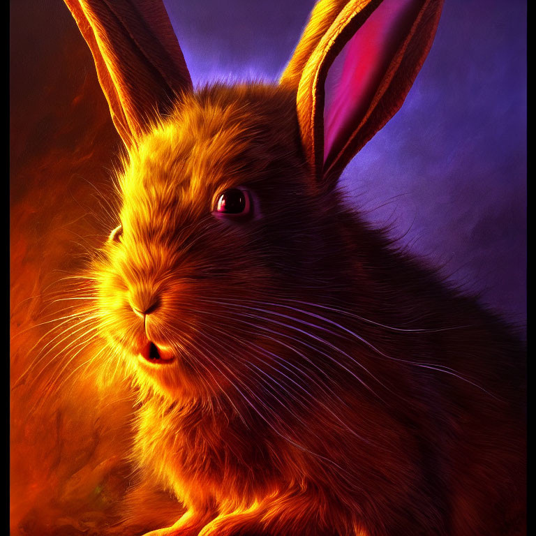 Realistic Brown Rabbit Portrait with Intense Gaze in Orange and Purple Light