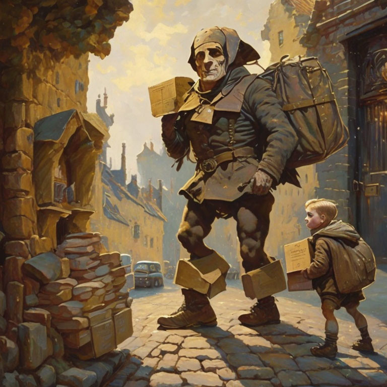 Medieval postman delivers large letters in sunlit town