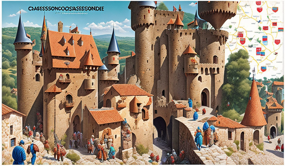 Medieval castle with turrets and blue rooftops surrounded by figures in period costumes.