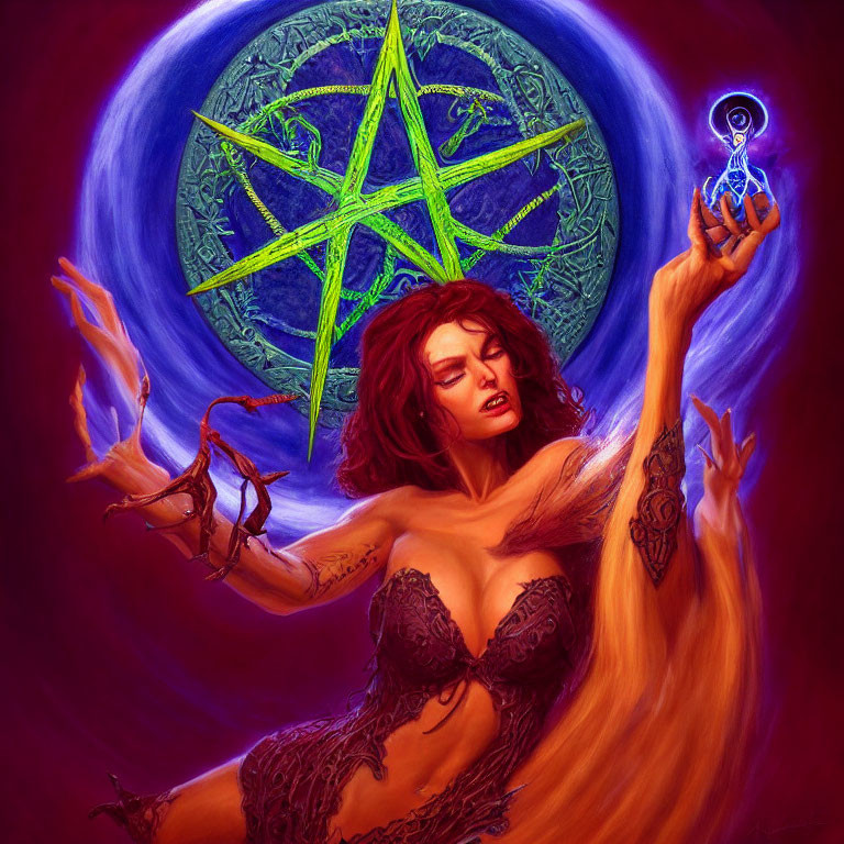 Woman conjuring magic with green pentacle in vibrant red and purple hues