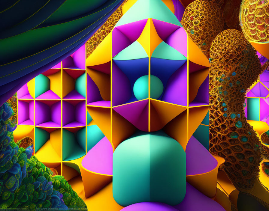 Colorful Fractal Art with Geometric Shapes and Pyramid Structure