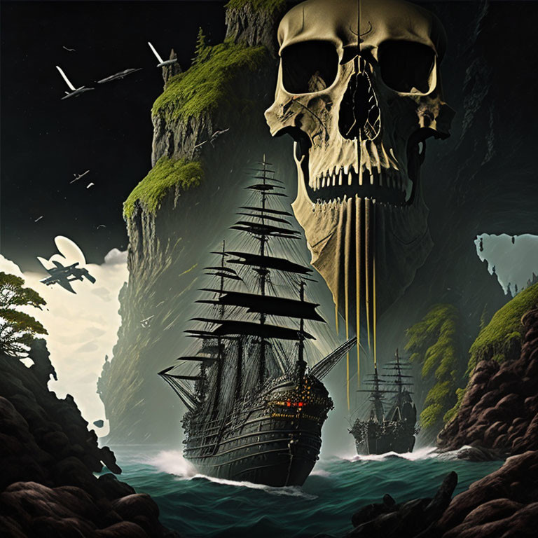 Surreal artwork: skull waterfall, sailing ships, birds, and spaceships.