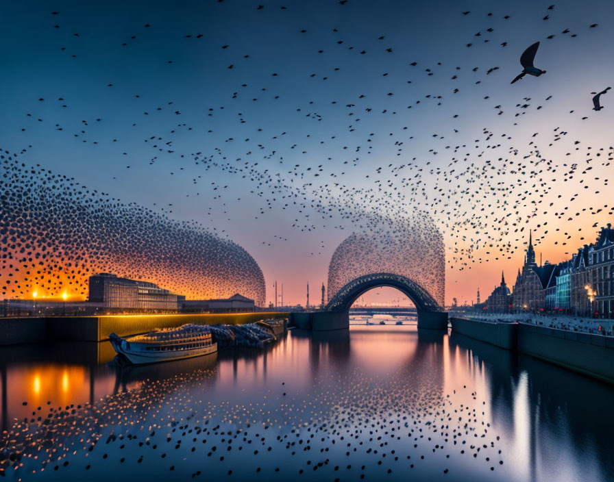 Tranquil river at sunset with arching bridge, modern building, and birds