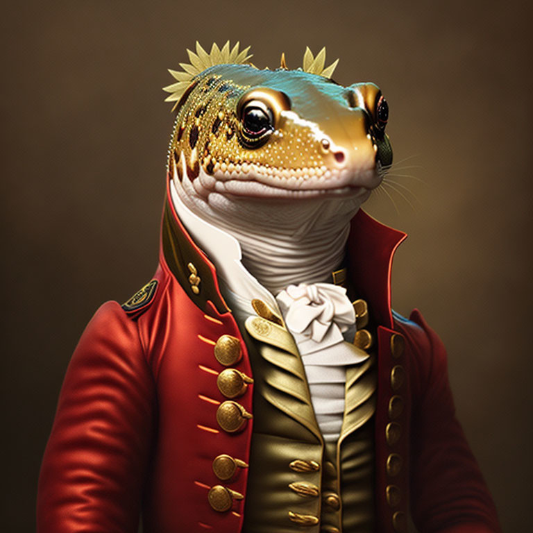 Gecko with human-like features in red military jacket