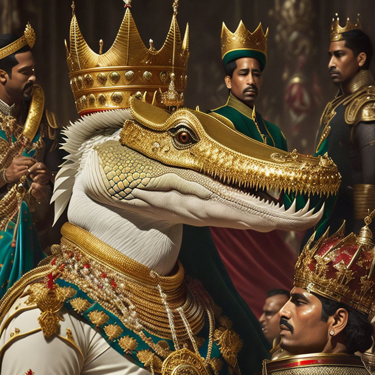 Crocodile-headed humanoid in regal attire with golden crown among human guards