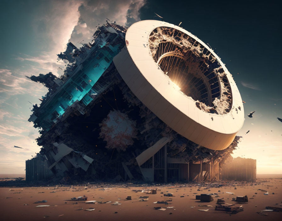 Dramatic futuristic derelict building amidst ruins and debris