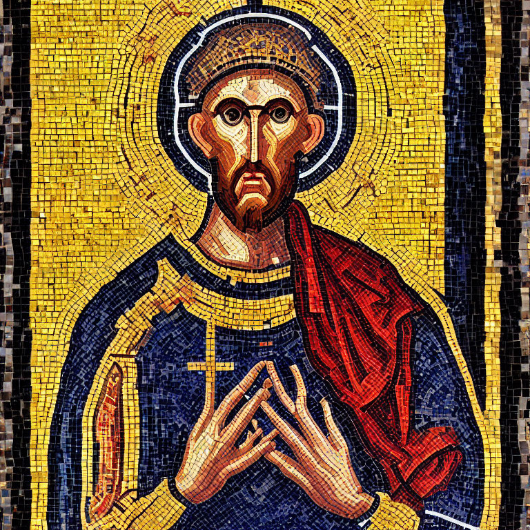 Saint Mosaic in Blue and Red Robes with Halo and Prayer Gesture