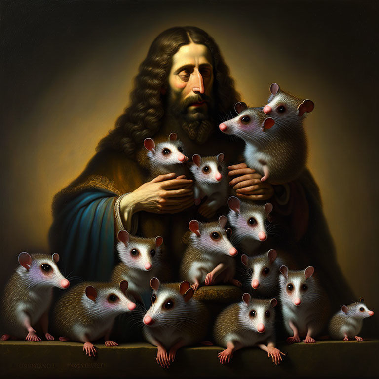 Man with Long Hair Surrounded by Realistic Possums in Classical Portrait Style