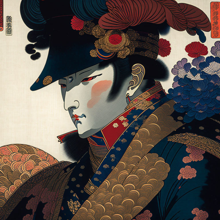 Traditional Japanese Samurai Illustration with Decorated Helmet and Stern Expression