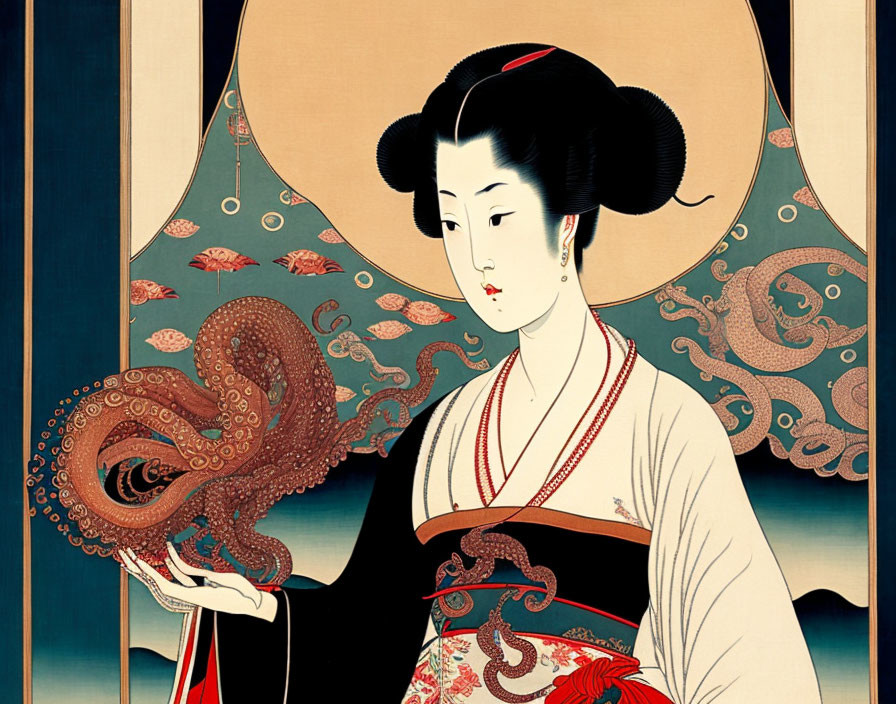 Traditional Japanese Woodblock Print of Geisha with Octopus in Detailed Blue Setting