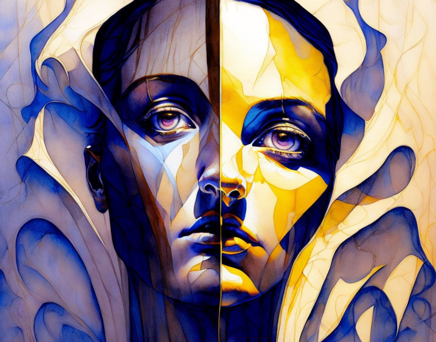 Symmetrical woman's face illustration with abstract blue and yellow patterns