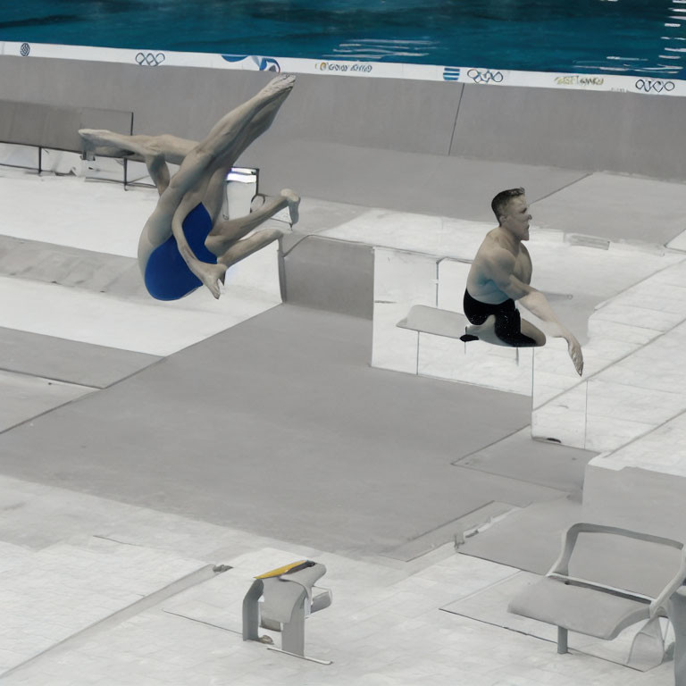 Synchronized indoor divers with Olympic rings background