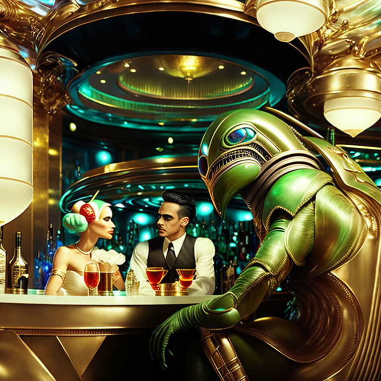 Futuristic bar scene with robot bartender, stylish couple, and Art Deco design.