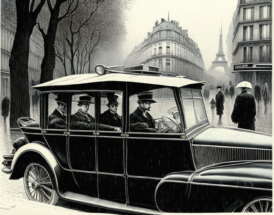 Vintage Car and Passengers on Rainy Street with Eiffel Tower Background