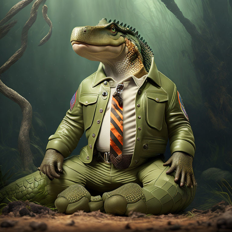 Anthropomorphic alligator in ranger uniform in forest setting