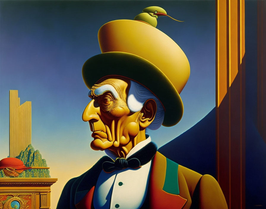 Surrealist painting: Gentleman with long nose, bow tie, top hat, and bird