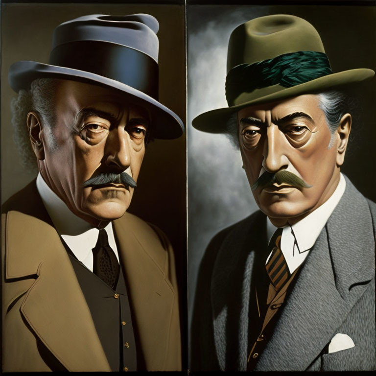 Stylized paintings of a man with a mustache in beige and green suits