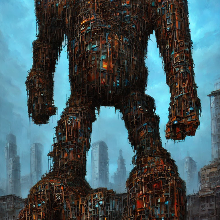 Gigantic humanoid-shaped structure dominates dystopian cityscape