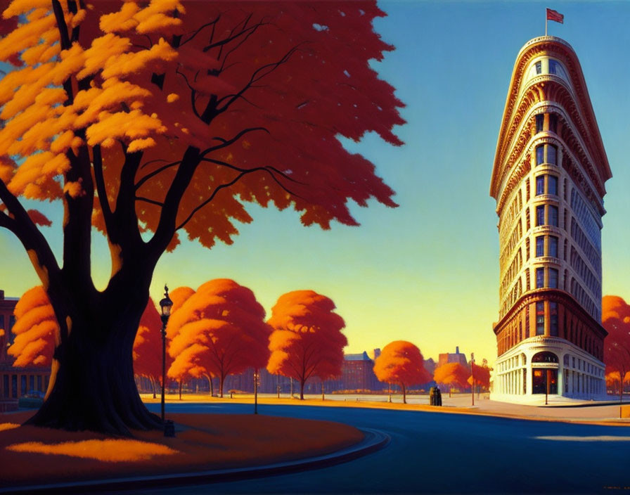 Curved ornate building painting at sunset with autumn trees