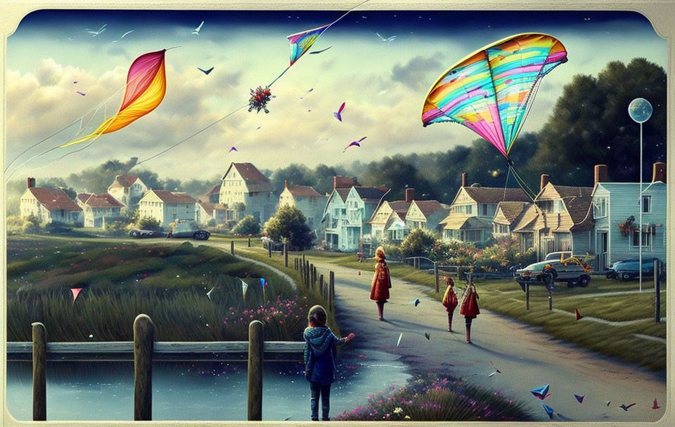 Children flying kites by a lakeside with colorful houses and vibrant sky