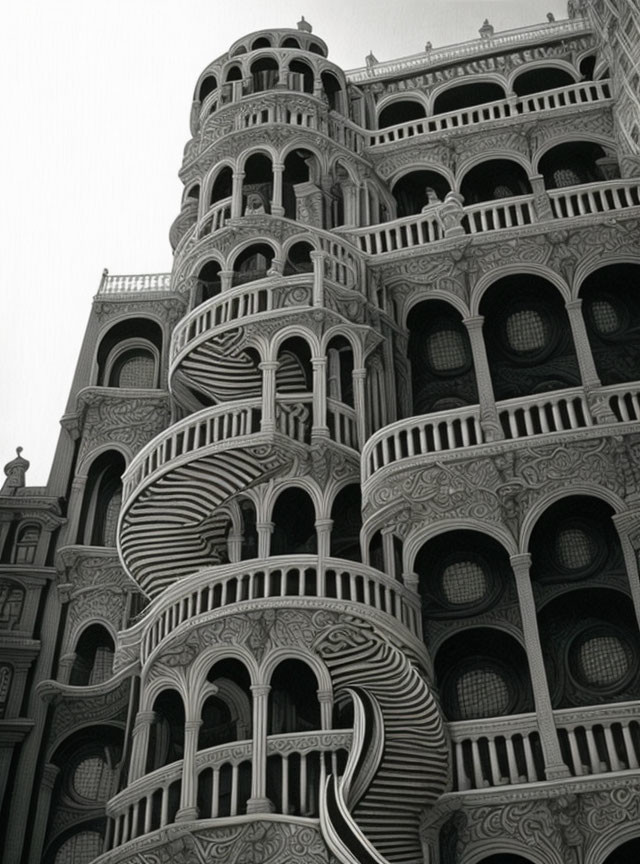 Surreal black and white architectural structure with intricate staircases and arches