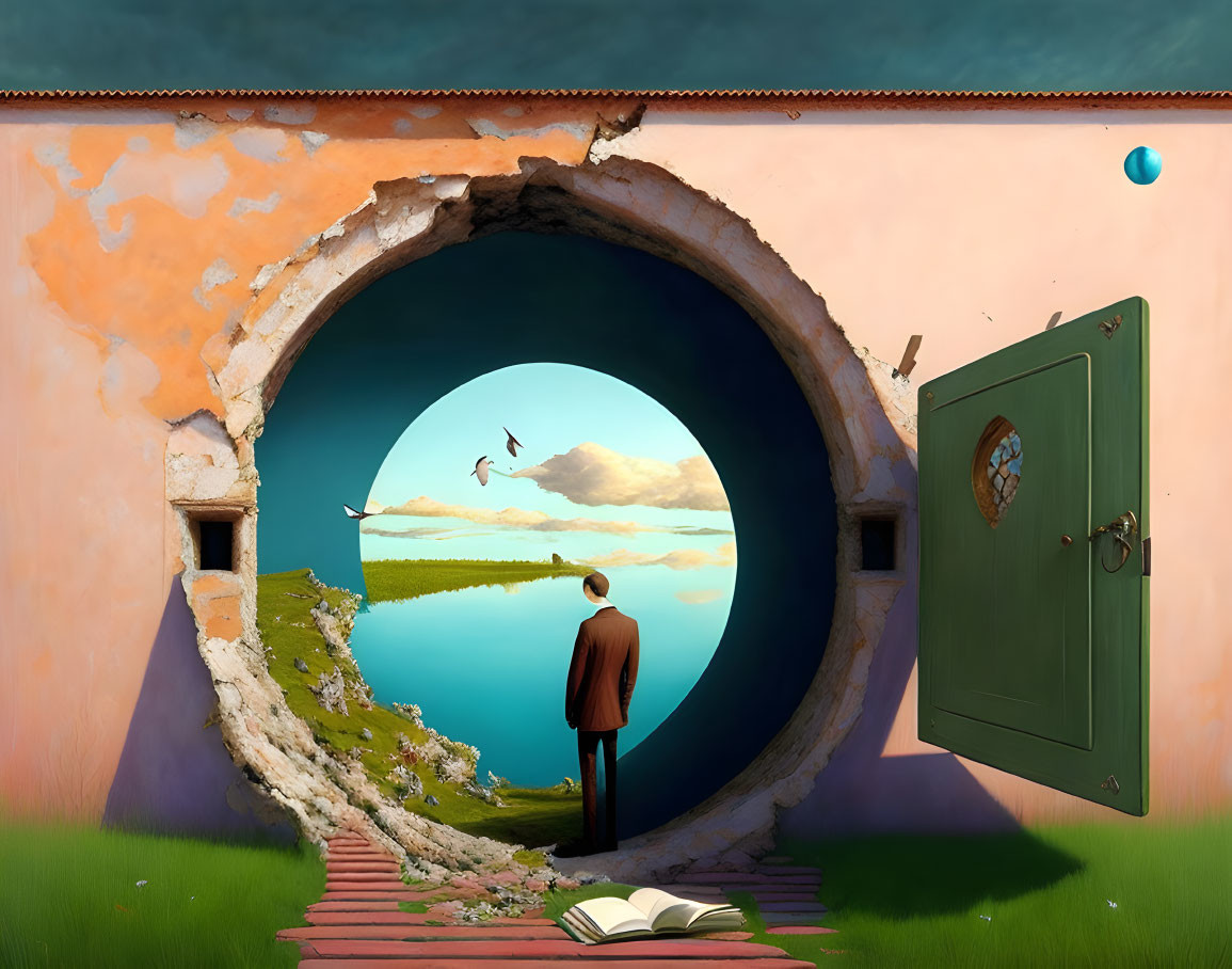 Circular Portal Revealing Serene Landscape with Birds and Floating Door