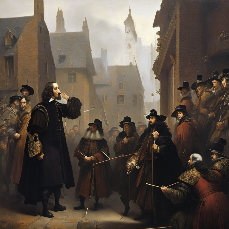 17th-Century Historical Painting of Distinguished Man on Cobblestone Street