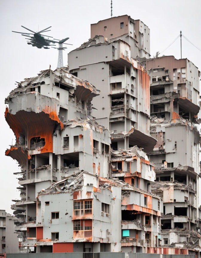 Severely damaged multi-story building with helicopter overhead