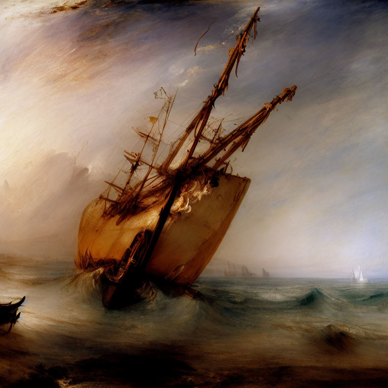 Dramatic painting of sailing ship in stormy seas