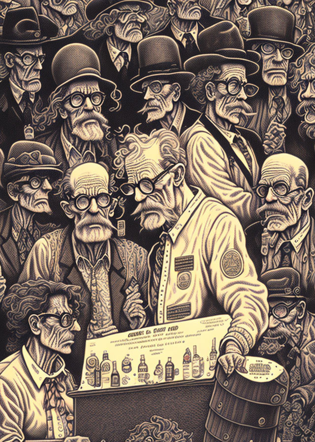 Monochrome illustration of elder men with facial hair, hats, and glasses gathering around table.