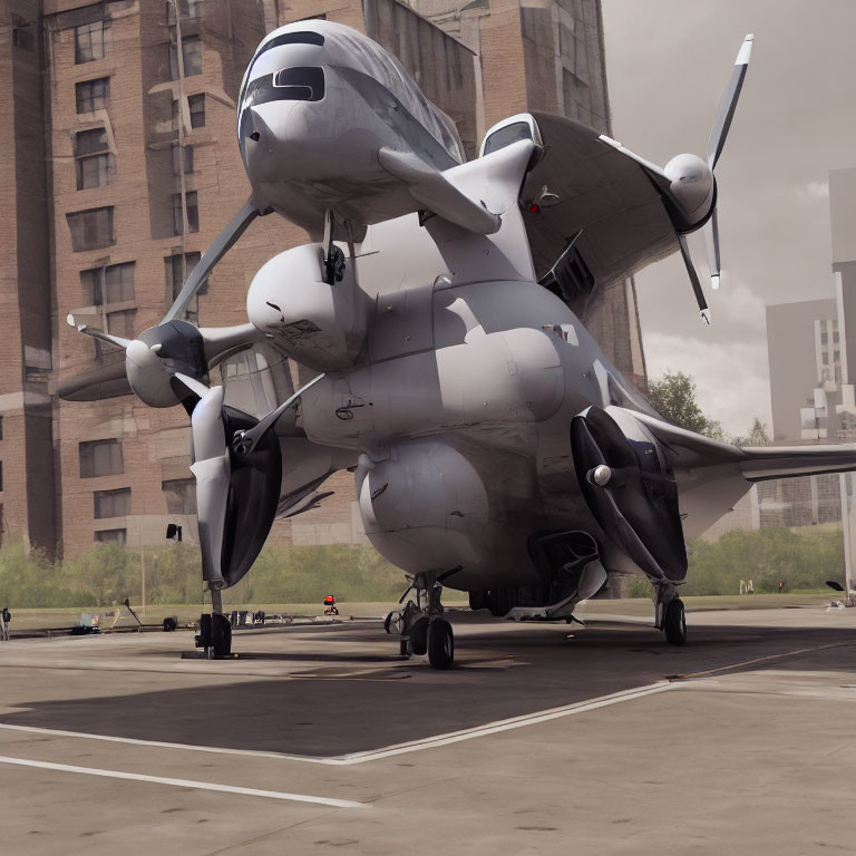 Futuristic tiltrotor aircraft on urban helipad with angled rotors