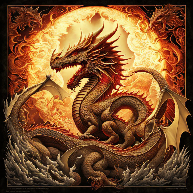 Golden dragon with intricate scales in fiery clouds and fierce expression