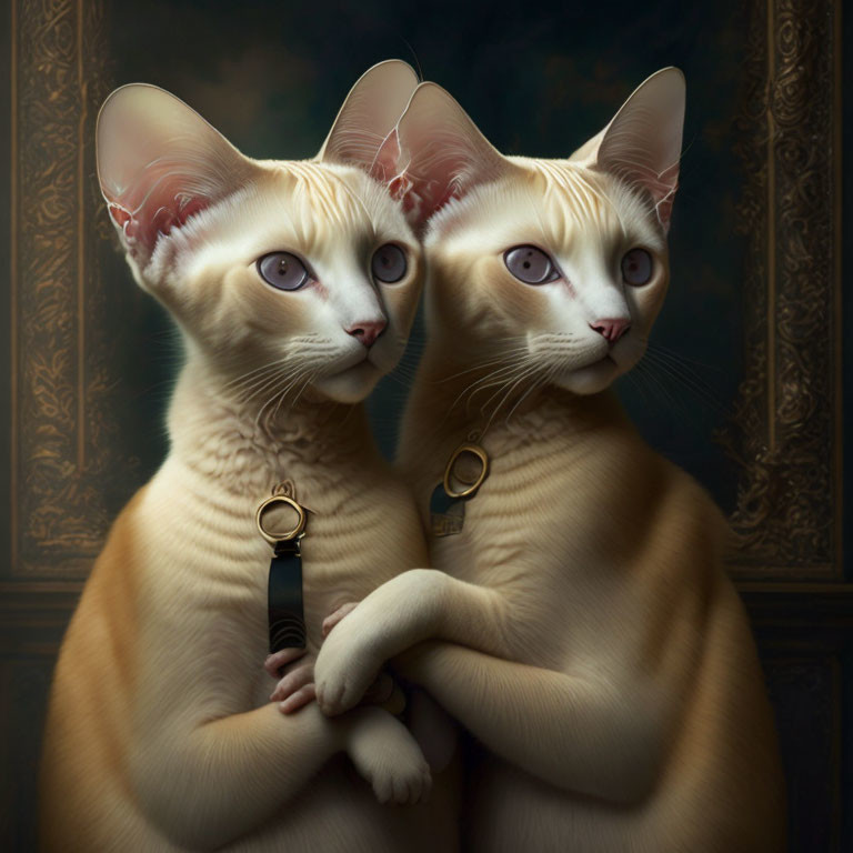 Two cats embracing with human-like eyes and expressions on ornate background